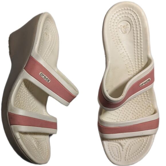 CROCS Shoes - Crocs Shima Pink White Double Strap Taupe Wedge Heel Comfort Slide Sandals Sz 7